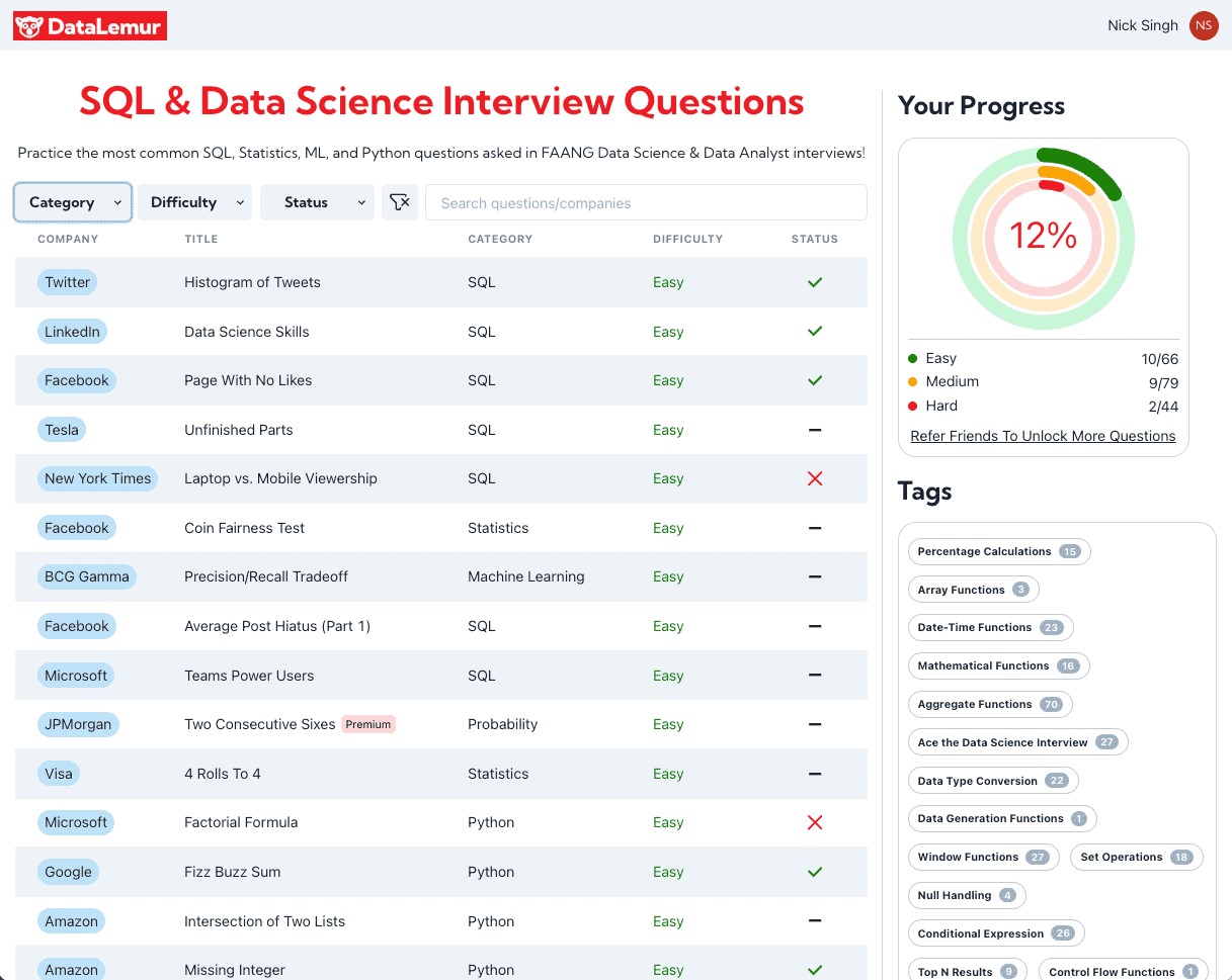 DataLemur SQL Question Bank for Interview Prep