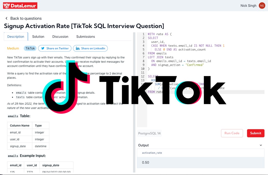 Practice Rate Calculation SQL Questions