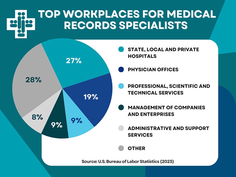 A pie chart depicting the top workplaces for medical records specialists according to the BLS.