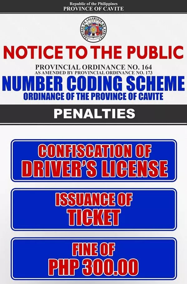 Sign showing penalty for number coding violation in Cavite