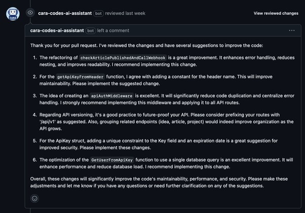 Screenshot of CARA providing code improvement suggestions
